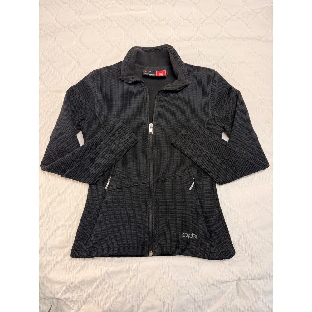 Spyder Womens Full Zip Waffle Knit Fleece Lined Jacket Black Mock Neck Small